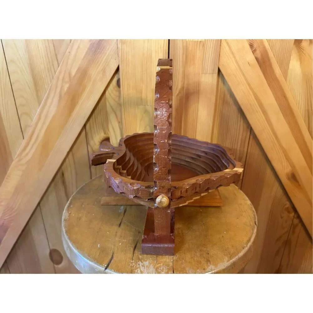Vintage Hand Carved Wooden Collapsible Apple Basket Bowl Holder (5123)